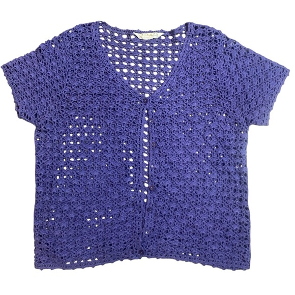 JohnPaulRichard Sweaters - Vintage John Paul Richard Uniform Purple Crochet Knit Short Sleeve Cardigan Top